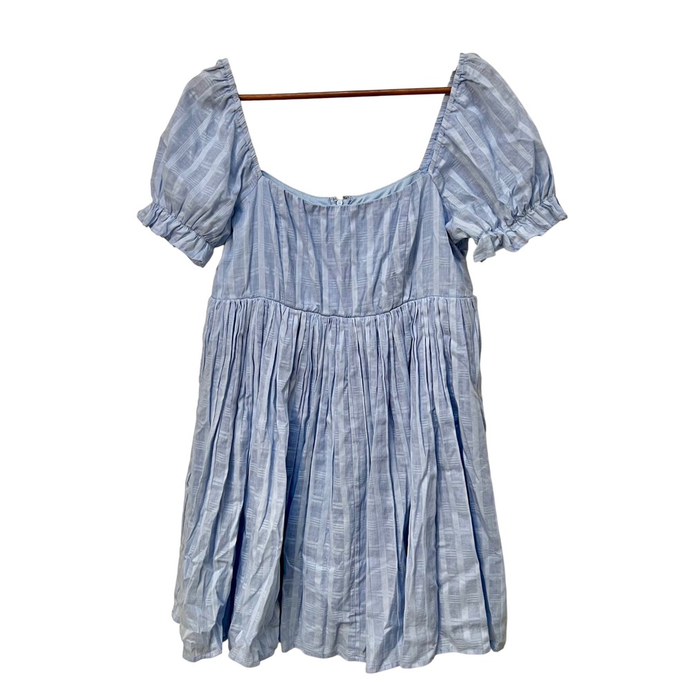 Altar'd State Light Blue Plaid Puff Sleeve Babydoll Mini Dress L Coquette Picnic